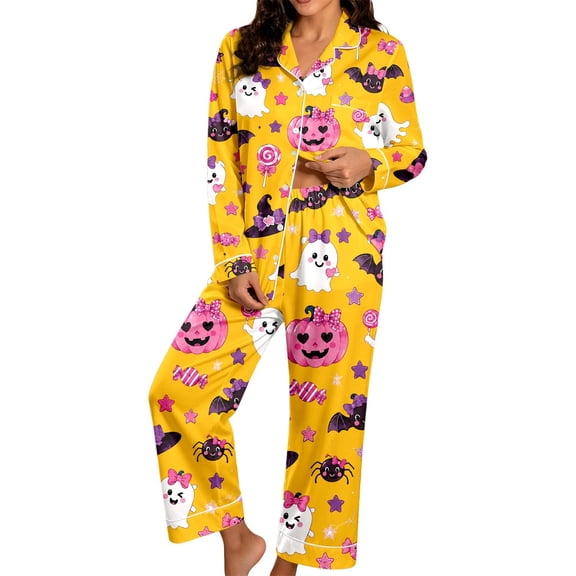 MEZZALL Women Halloween Ghost Pumpkin Print Pajama Set, Lapel Collar Button‑Down Long Sleeve Tops With Long Pants Loungewear For Home Sleepwear Fashionable 2 Piece Pjs