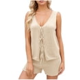 thumbnail image 2 of Summer Womens 2 Piece Sets Outfits Fashion V-Neck Sleeveless Lactation Tank Tops Blouse Elastic Waist Shorts Knitted Lounge Sets — Beige∣L, 2 of 8