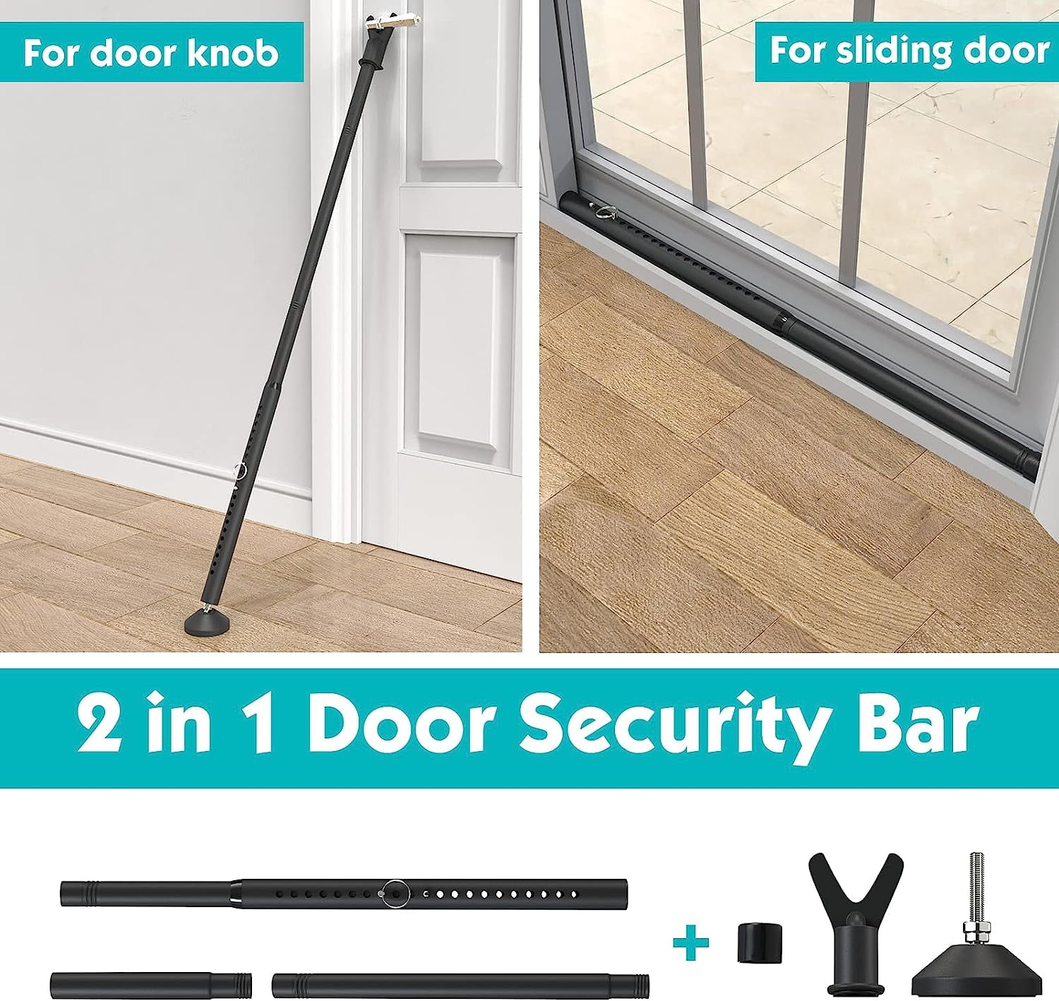 IHOMEPARK Black Patio Sliding Door Security Bar for Home Apartment, 19 to 52 Inch Adjustable, 2 in 1 Door Stoppers Barricade Security Bar (2 Packs)