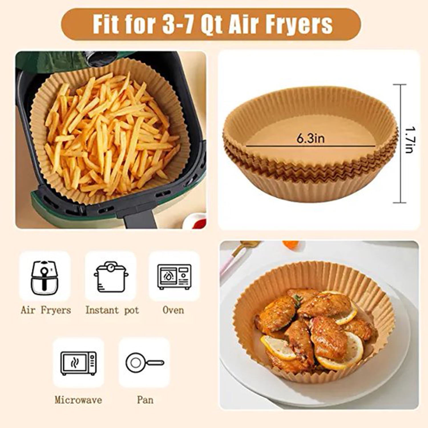 50Pcs Air Fryer Paper, Air Fryer Liners, Disposable Dutch Oven Liners, for  Oven, Microwave, and Air fryer Compatible with 5 to 7 Quart 