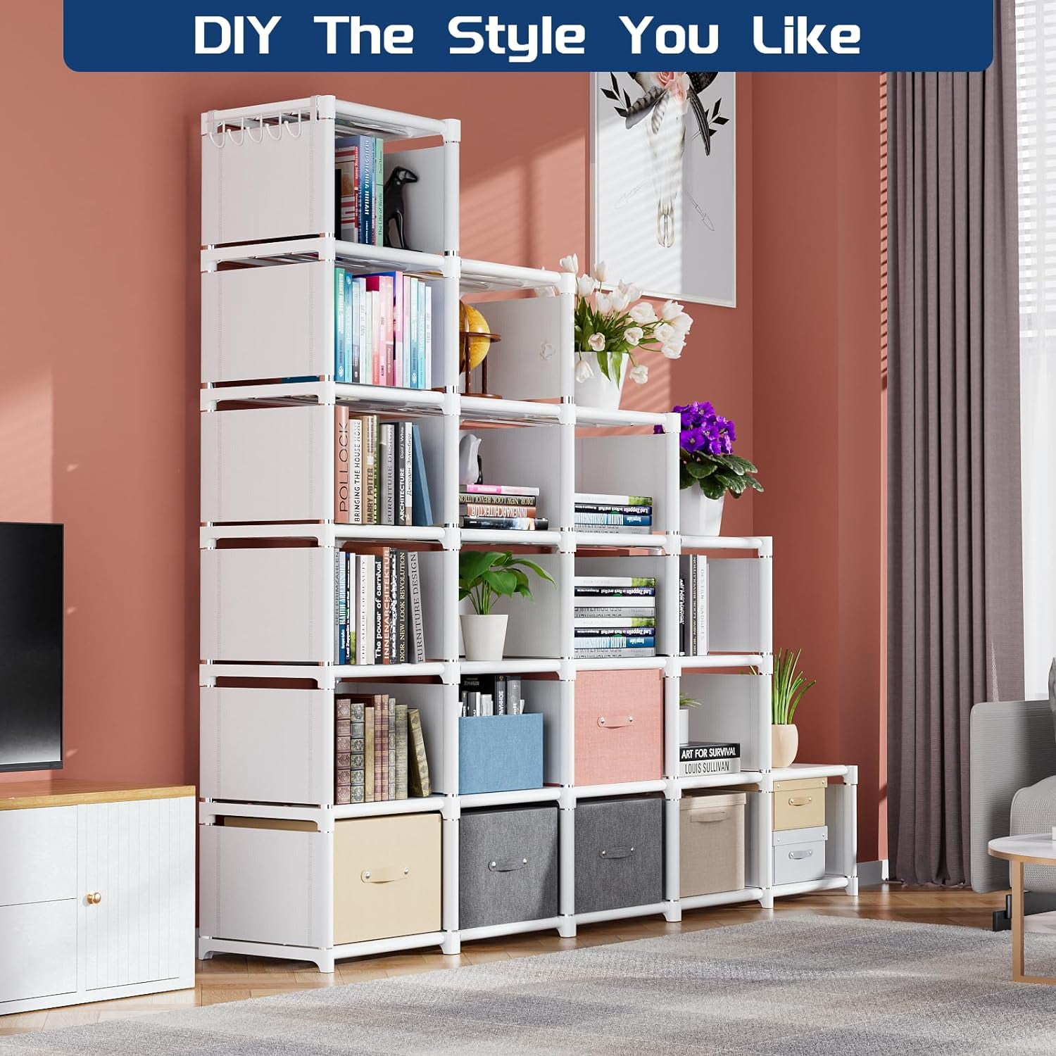 20-Cube Storage Organizer,  Metal Bookshelf with White  for Bedroom Office Living Room