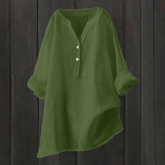 RXIRUCGD Hauts en Coton et Lin à Manches Longues Col en V Ample et Polyvalent pour Femmes, Vert Armée, Taille : TG
