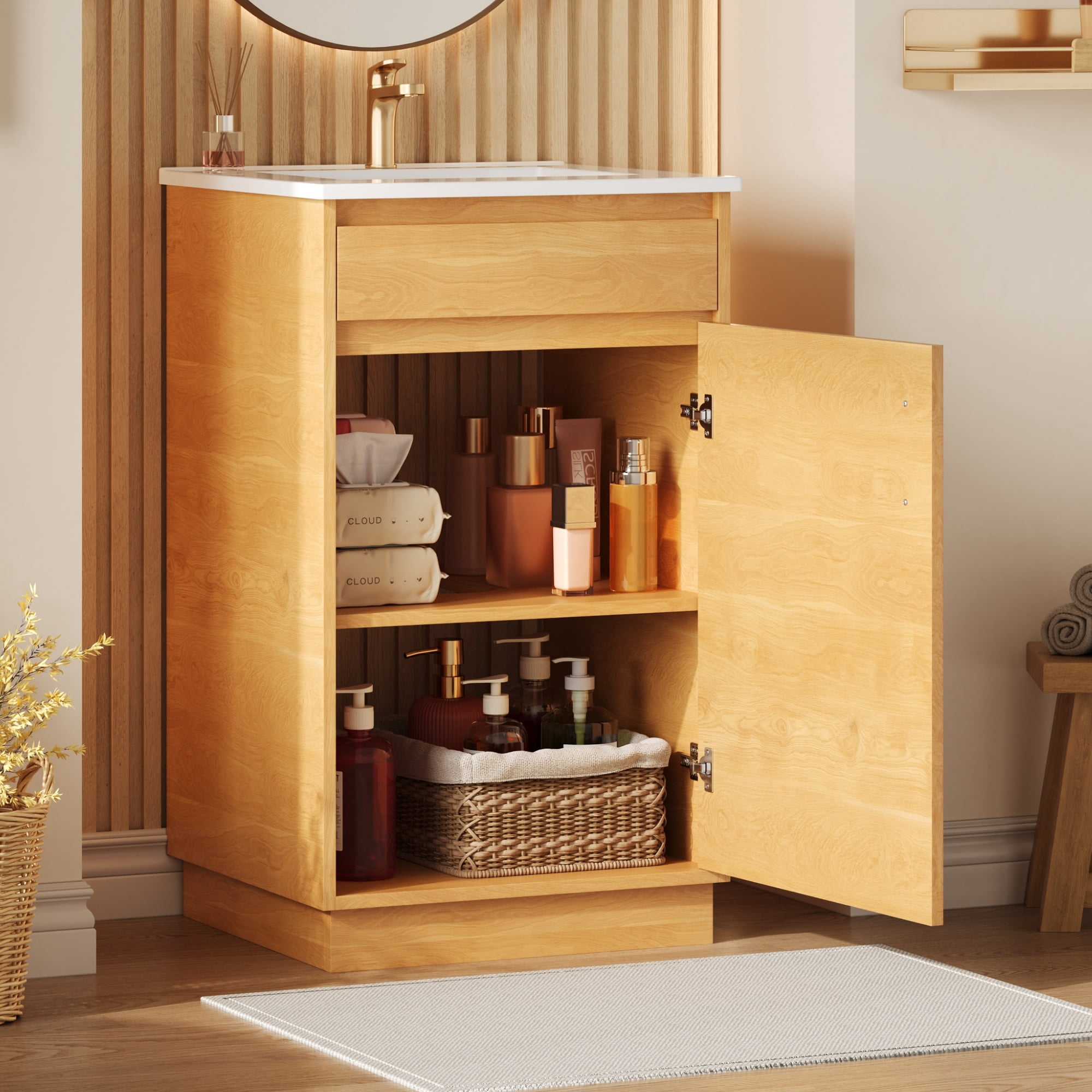 Harper & Bright Designs 20" Farmhouse Bathroom Cabinet with Sink, Freestanding Storage Cabinet with Adjustable Shelf, Single Sink Bathroom Vanity for Small Space, Natural Wood