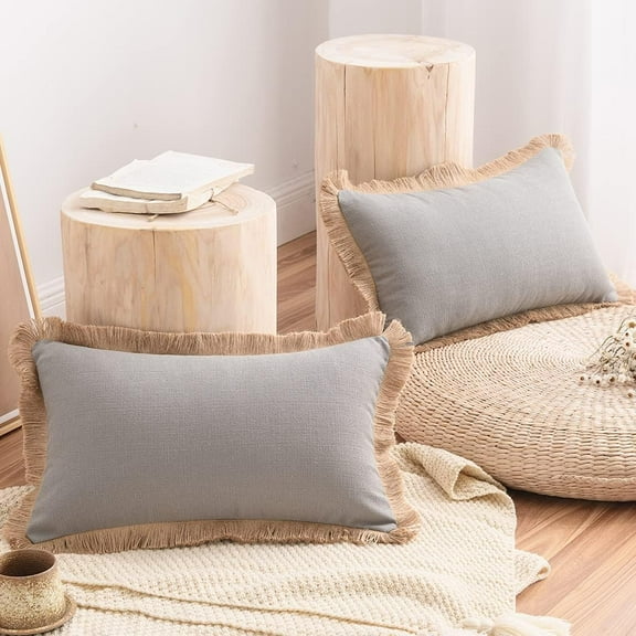 Nvzi 2 pcs Cotton Linen Solid Throw Pillow Covers with Fringe Farmhouse Decorative(Grey, 12"x20")