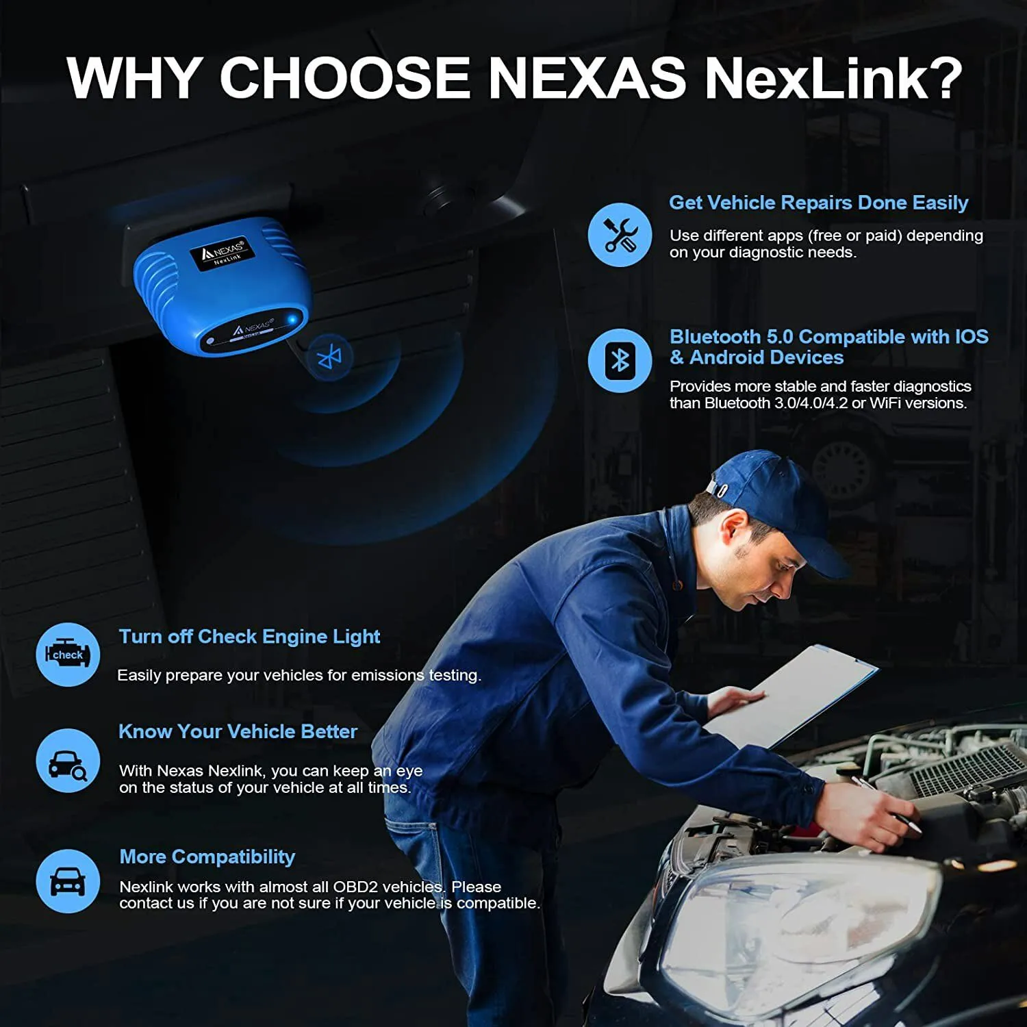 NEXAS Motorcycles OBD2 Scanner Bluetooth 5.0, Wireless Compatible with Third-Party Apps, Car & Motorcycle Universal Code Reader, Check Engine Fault OBDII Adapter Scan Tool for iOS, Android & Windows