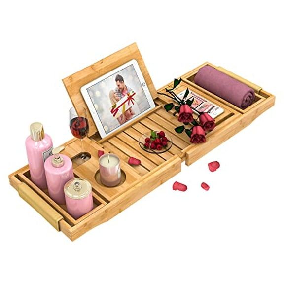 Bambloom Luxury Bathtub Tray,Bamboo Bathtub Table Tray with Premium Leather Grip and Non-Slip Pat,Natural
