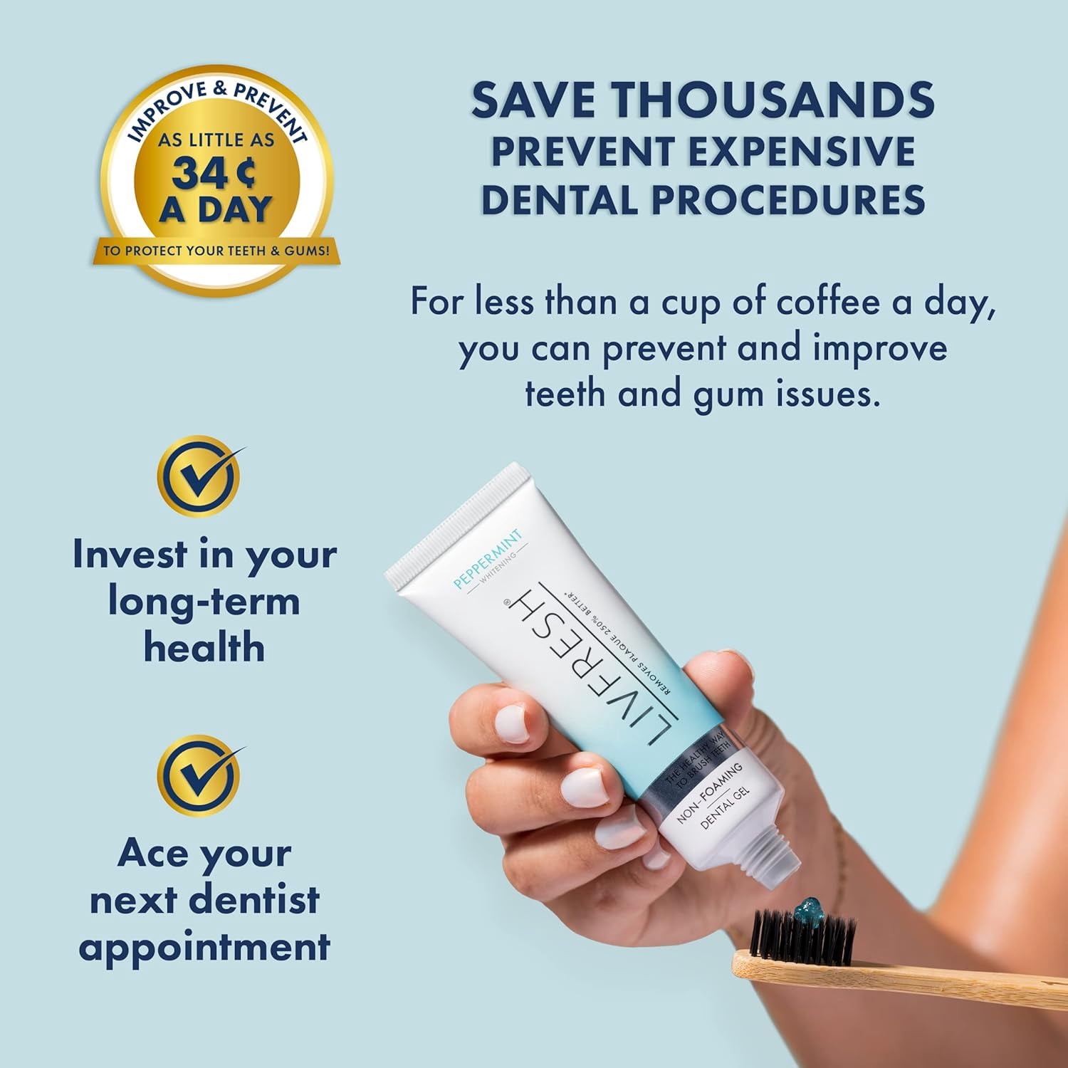 LIVFRESH Dental Gel by Livionex - Clinically Proven to Remove Plaque 250% Better (Peppermint + Non-Foaming + Blue Gel)