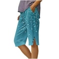 thumbnail image 2 of Sakmal Knee Length Women Shorts High Waisted Bermuda Straight Leg Graphic Blue Stretchy Womens Shorts with Pockets, 2 of 5