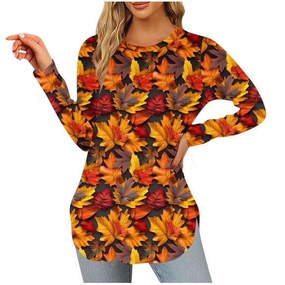 Women's Fall Long Sleeve Tops Thanksgiving Casual Maple Leaf Print Crew Neck T Shirts Lightweight Soft Tunic Curve Hem Pullover Blouses