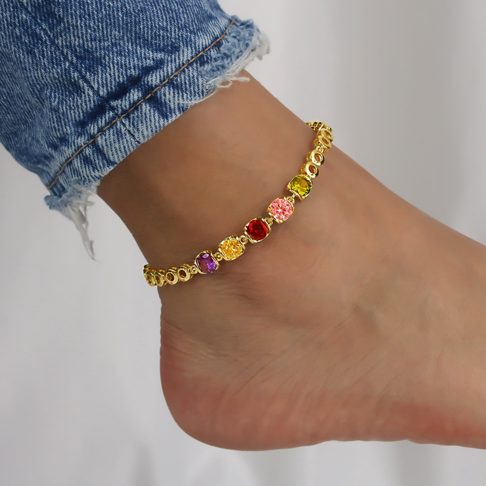 Kaash Custom Women's CZ Stone Fine Ankle Bracelet, 8"+2" inch Adjustable Size in Brass Mertal