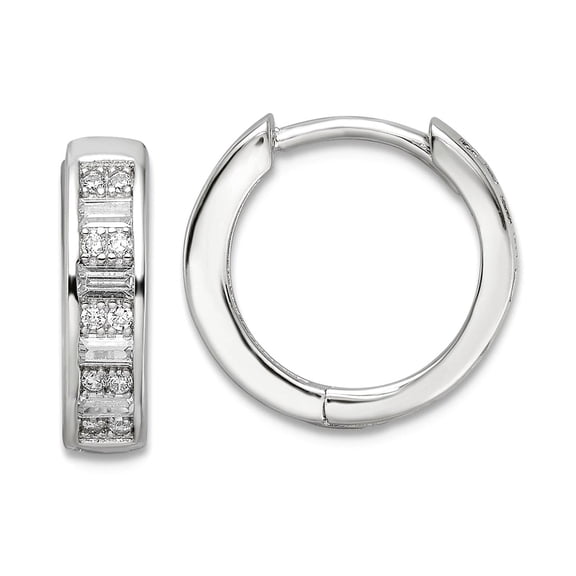 925 Sterling Silver Polished Rhodium Plated Cubic Zirconia Hinged Hoop Earrings 14.5x14.7mm Wide 3.75mm Thick Hoop Earri