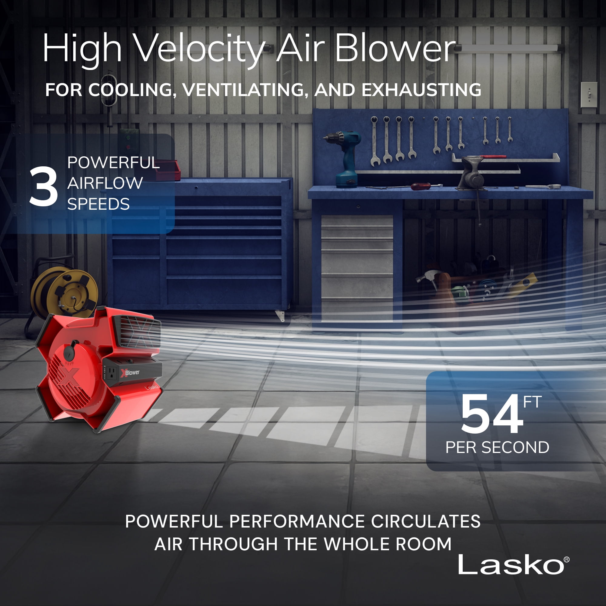 Lasko X-Blower 11" High Velocity Utility Blower Fan with USB Ports and Built-In Outlet for Cooling and Drying, Red, X12900