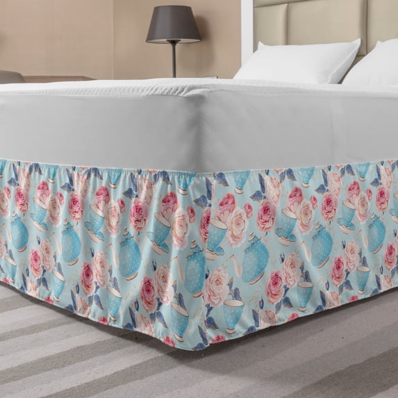 Vintage Bed Skirt, Flowers Roses Vintage Teapot Cups Leaves Pastel Backdrop, Elastic Bedskirt Dust Ruffle Wrap Around for Bedding Decor, 4 Sizes, Baby Blue and Pale Pink, by Ambesonne