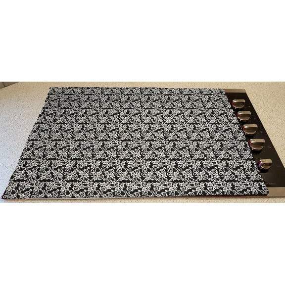 Floral Damask Stove Top / Cook Top Cover & Protector by Penny's Needful Things (Black)