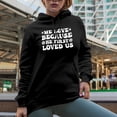 thumbnail image 2 of We Love Because He First Loved Us - 1 John 4 19, Retro Groovy Wavy Scripture Text Art, Black Hooded Sweatshirt or Hoodie, 3XL, 2 of 5