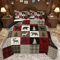 Feelyou Rustic Farmhouse Bear Bedding Comforter Set, Reindeer Moose Wildlife Twin Comforter Sets, Red Brown Square Plaid Reversible Bedding Set, Ultra Soft Bedroom Decor, 2-Piece