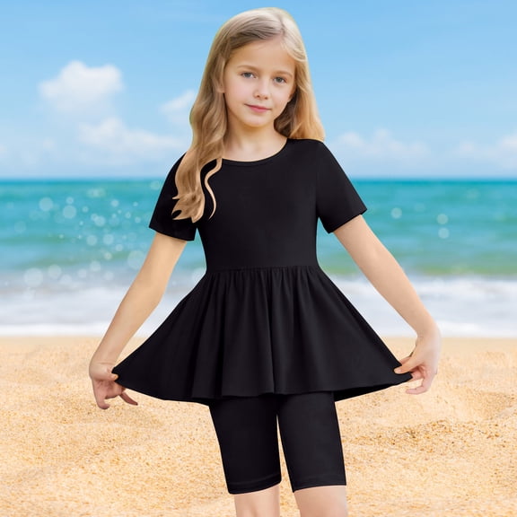 Girls Outfit Sets Solid Color Short Sleeve Crew Neck Loose Dress Slimming Straight Pants Two Piece Beach Set Black 5-15 Years