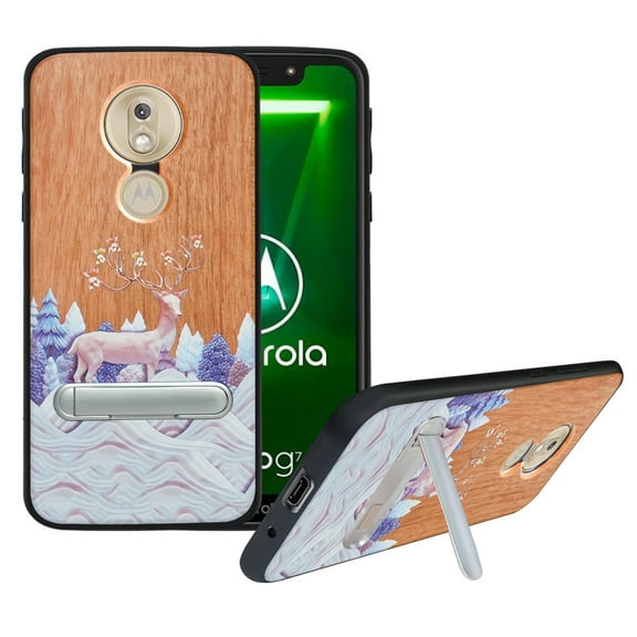 Labanema Motorola Moto G7 Play Case, Motorola Moto G7 Play Cover with Metal Kickstand, Natural Wood TPU Cover, Anti Scratch Case for Motorola Moto G7 Play (Elk)