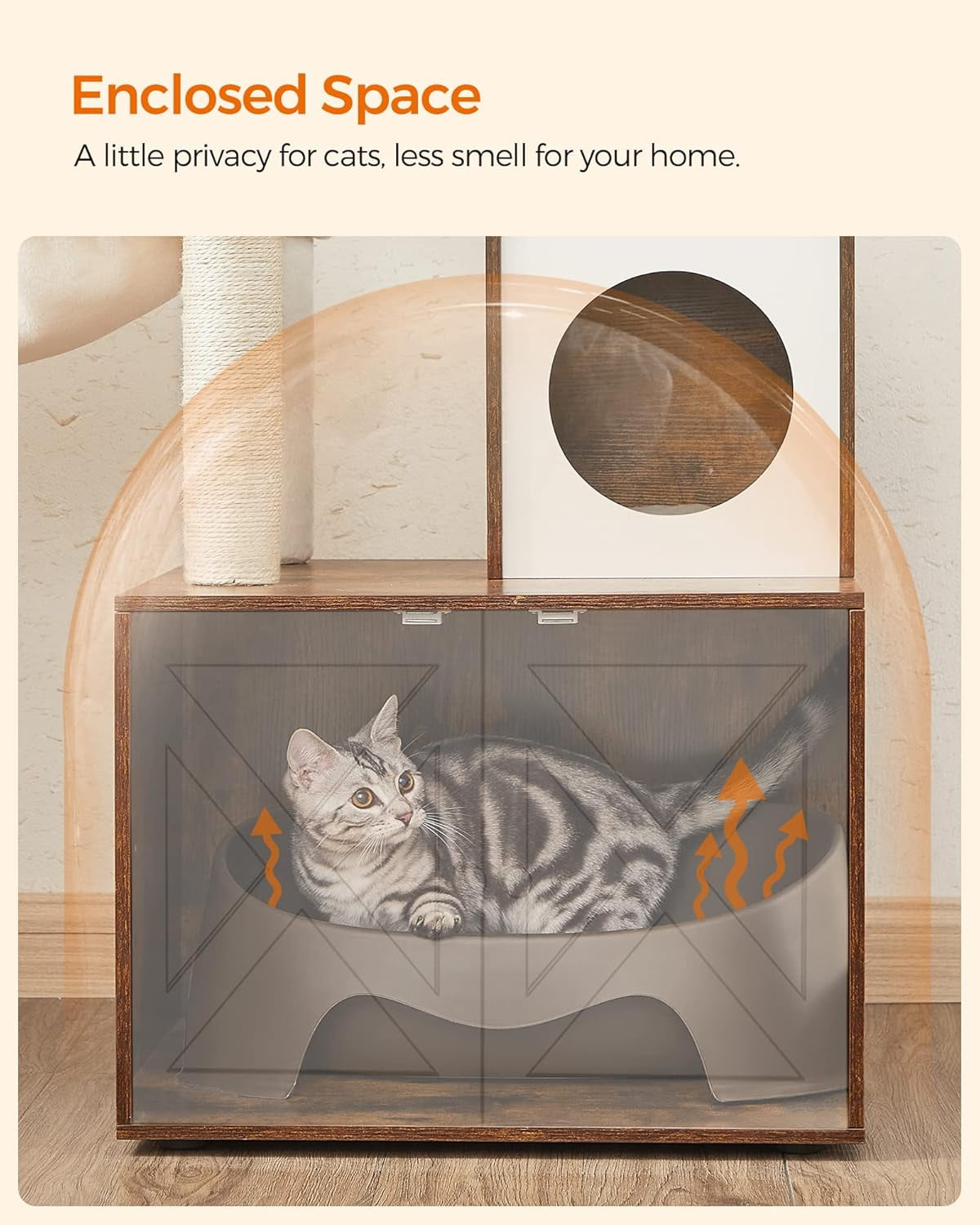 Favory Cat Tree with Litter Box Enclosure, 59-Inch Modern Cat Tower, 2-in-1 Condo with Scratching Posts, Washable Removable Cushion, Rustic Brown UPCT113X01
