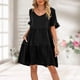 thumbnail image 4 of Vestido plisado con mangas con volantes Traje de vacaciones suelto de color sólido para mujer de tres capas FLhrweasw Nuevo, 4 of 7