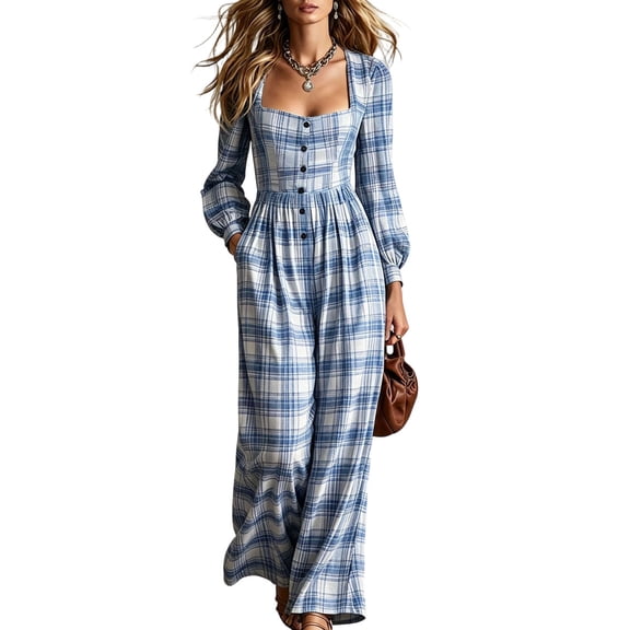 Wenini Women's Fashion Button Plaid Print Jumpsuit Casual Long Sleeve Wide Neck Wide Leg Jumpsuit
