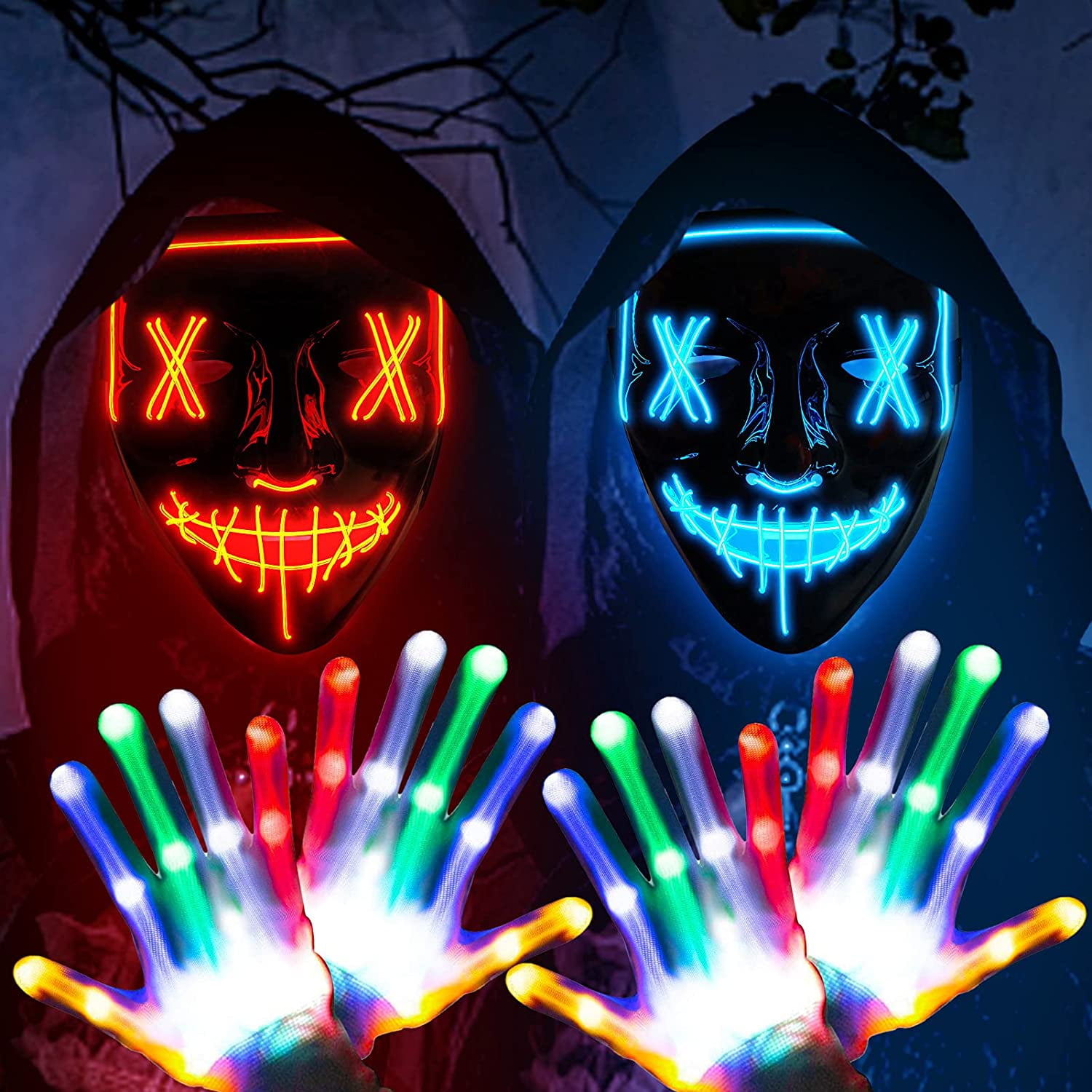 Mounchain 2 Pack Purge Masks, Led Light Up Masks and Gloves Set for