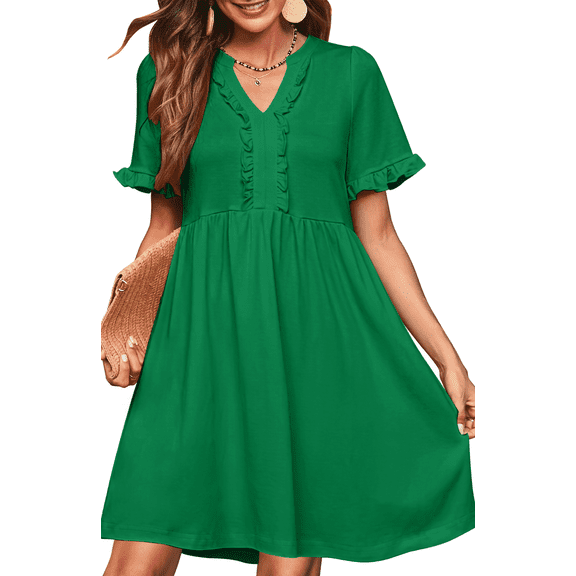 UVN Summer Dresses for Women V Neck Short Sleeve Casual A Line Dress Flowy Swing Ruffle Sundress with Pockets