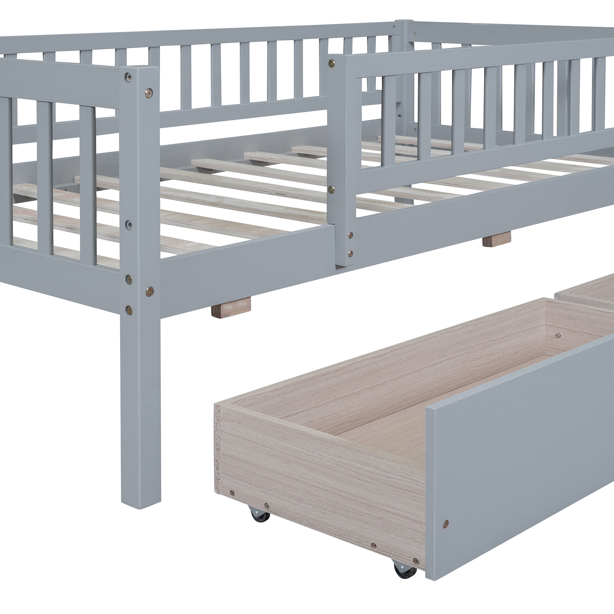 Bellemave Twin Daybed with Storage and Fence, Wooden Twin Size Platform Bed with Rails and 2 Drawers, Low Loft Bed Frame, No Box Spring Needed (Gray)