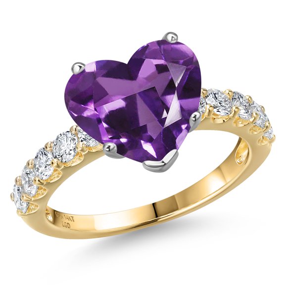 Gem Stone King 14K Two Tone Gold Purple Amethyst and Lab Grown Diamond Engagement Ring for Women | 3.80 Cttw | Heart Shape 10MM | Gemstone February Birthstone | Size 5