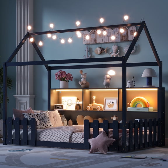 Mirightone Twin Size House Bed with LED Light and Fence Guardrails, Farmhouse Bed Frame for Girls Boys, Wood Montessori Floor Bed Frame with Storage Bookshelf, (Navy Blue)