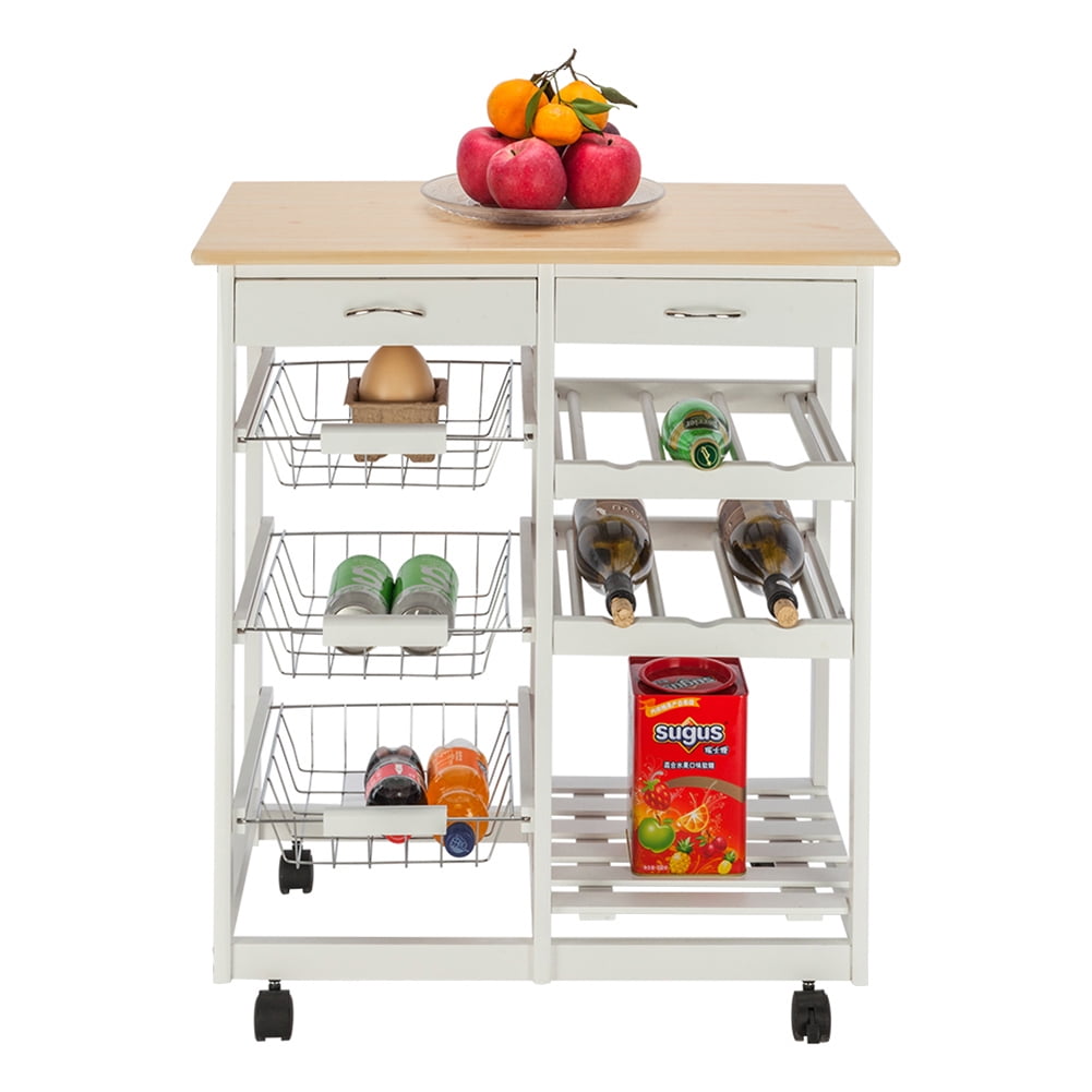 Kadyn Moveable Kitchen Cart, Kitchen Island Cart with Two Drawers & Two Wine Racks, Multifunctional Microwave Cart Bar Cart with hree Baskets, White Kadyn Moveable Kitchen Cart, Kitchen Island Cart with Two Drawers & Two Wine Racks, Multifunctional Microwave Cart Bar Cart with hree Baskets, White