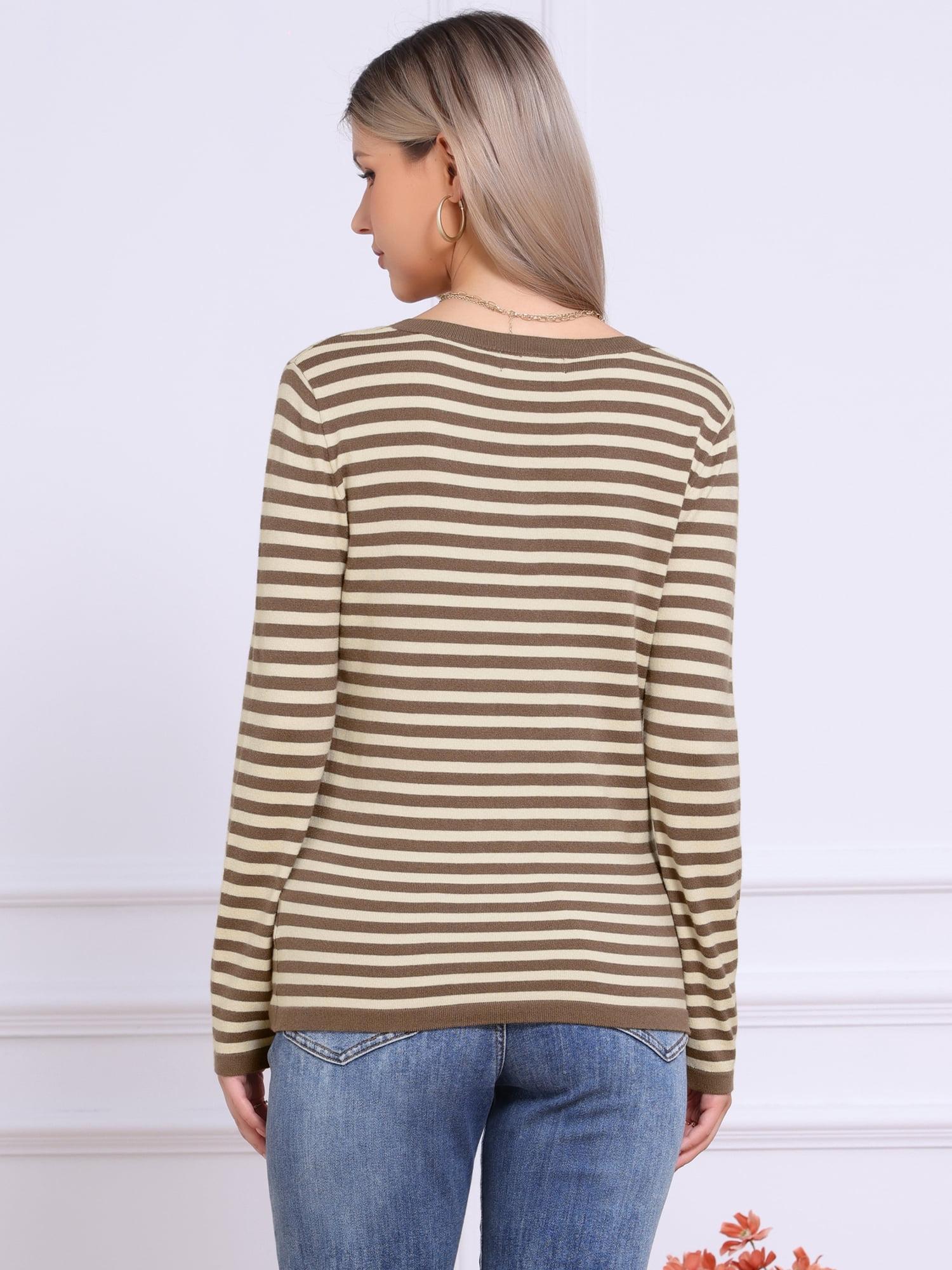 DARING DIVA Women's Long Sleeve Casual V Neck Knitted Striped Top L Brown