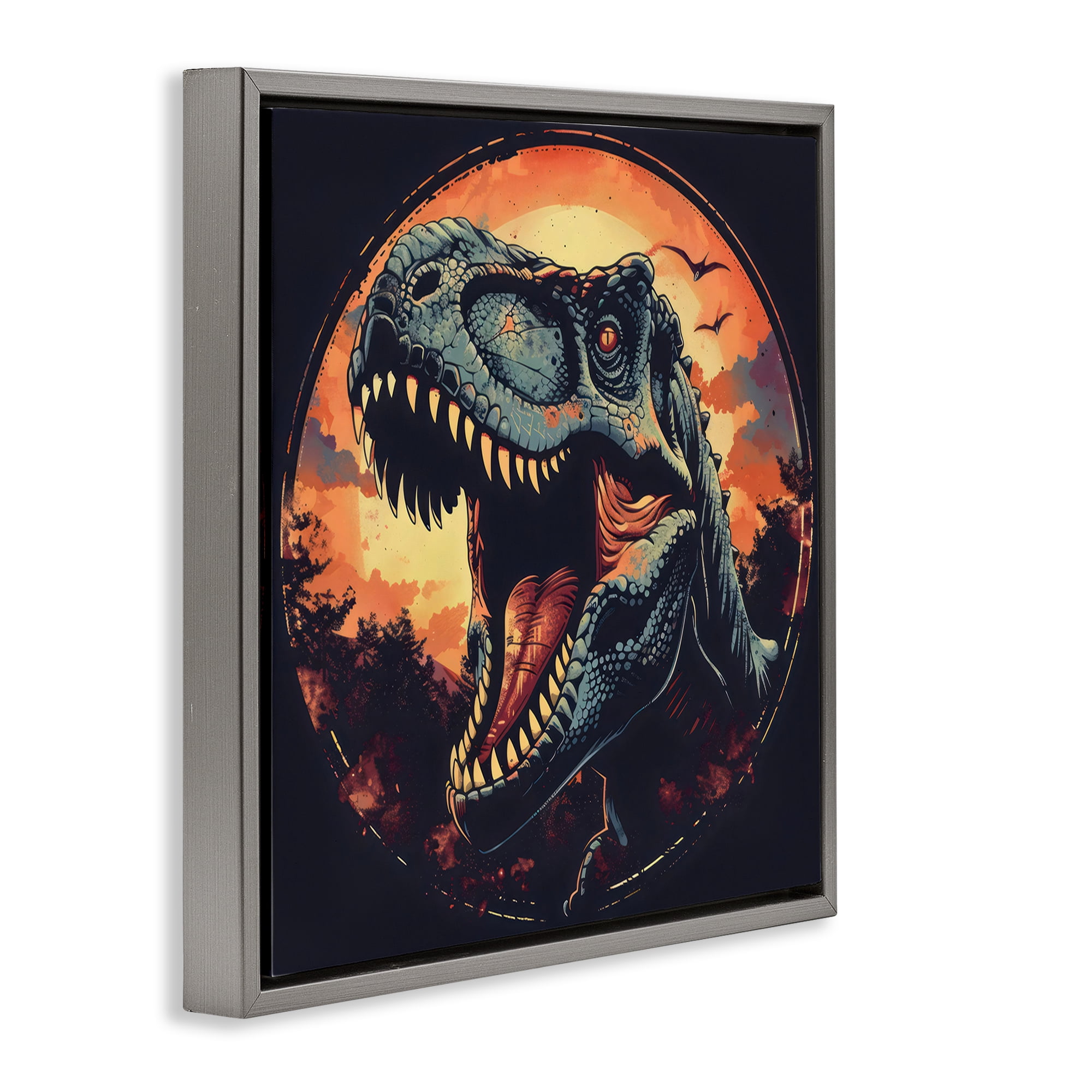 Stupell Industries Ancient Dino Roaring at Sunset Gray Framed Floater Canvas Wall Art, design by Creative Studio