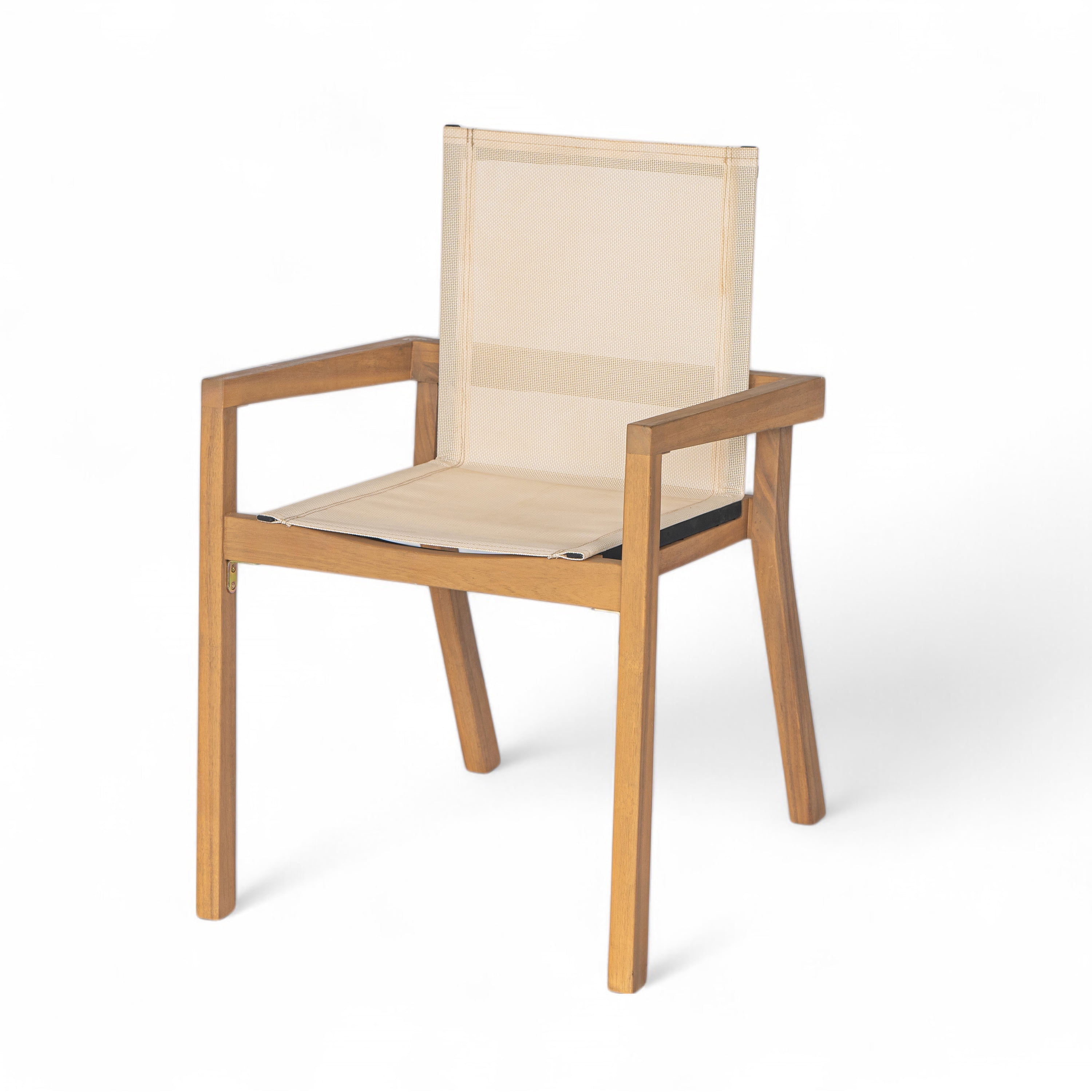 Outdoor Dining Chairs, Patio Chairs Set of 2, Acacia Wood Teak Finish Frame and Beige Textile Mesh Seat, Armchair Set for Poolside, Deck, or Garden Dining in Teak+Beige