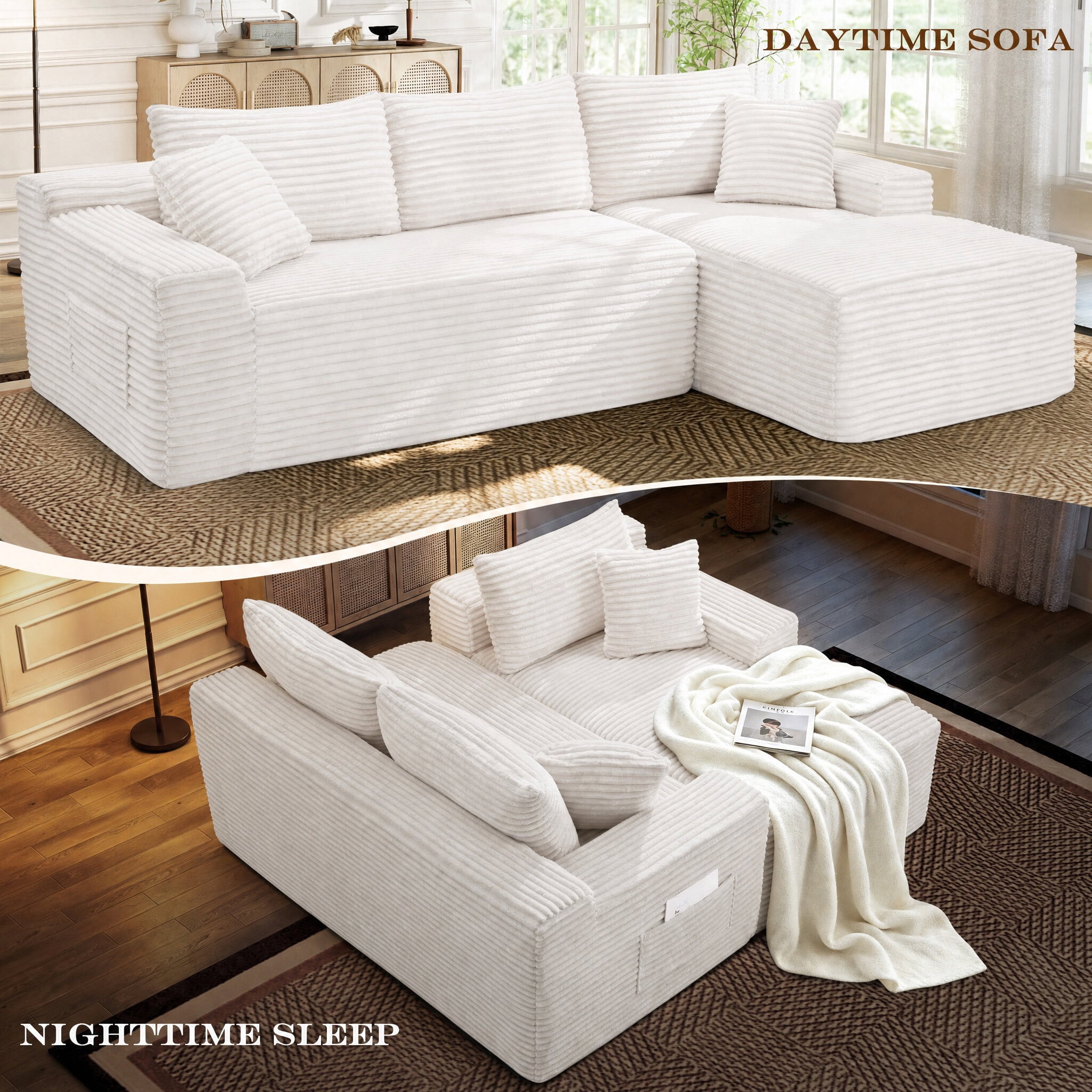 Lunale Small Modular Sectional Sofa with Movable Chaise, L-Shaped Boneless Cloud Couch for Living Room, Beige (Right Facing Chaise)