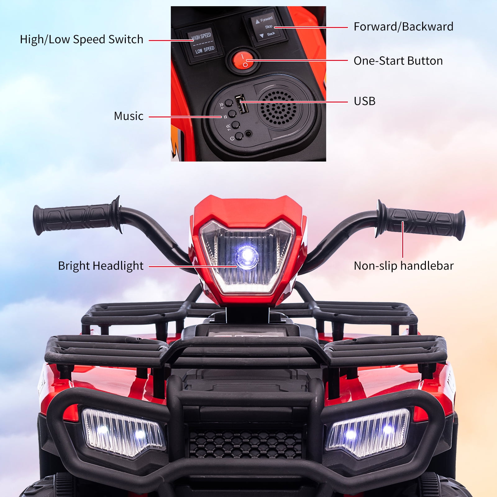 EastVita 12V Kids Ride on ATV, All Terrain Ride on Car for Toddlers, Ride on Electric Vehicle Toys with LED Light, Music, USB, for 3 Age +Child Gift