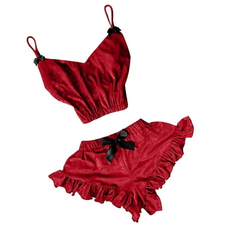 

wendunide pajama set for women Women V-Neck Velvet Stain Camisole Pajamas Bowknot Shorts Set Red XL