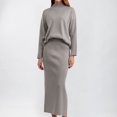 thumbnail image 2 of Lovskoo 2024 Women's Sweater Set Round Neck Long Sleeved Pullover and Bodycon Skirt Solid Color Slit Loose Fitting Trendy Sweater Set Beige, 2 of 7