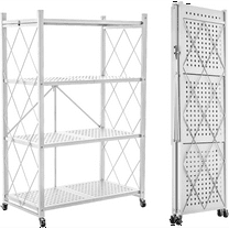 4-Tier Foldable Storage Shelf with Wheels - Metal Collapsible Shelving Unit Display, Rolling Cart for Books Kitchen Storage Shelves, Pantry & Closet Organizer, Office Room Decor - White