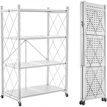 4-Tier Foldable Storage Shelf with Wheels - Metal Collapsible Shelving Unit Display, Rolling Cart for Books Kitchen Storage Shelves, Pantry & Closet Organizer, Office Room Decor - White
