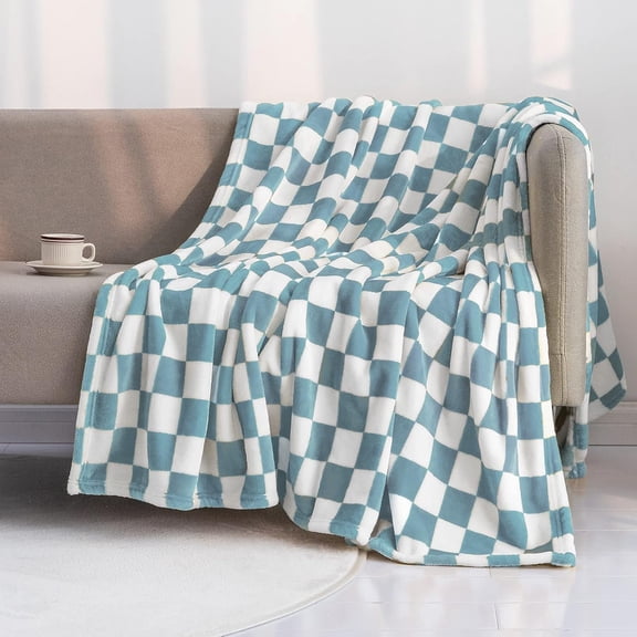 Throw Blankets Flannel Blanket with Checkerboard Grid Pattern Soft Throw Blanket for Couch, Bed, Sofa Luxurious Warm and Cozy for All Seasons (Light Blue, 40"x50")