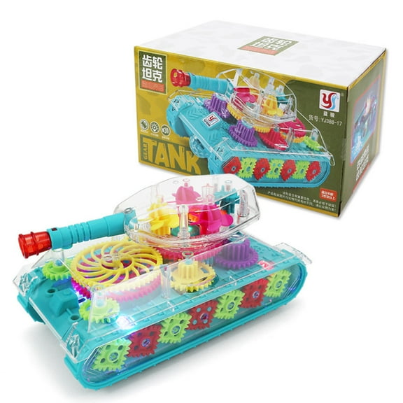 Funtogether Toys Transparent Gear Tank Toy for Kids, Electric Bump & Go Action with 360° Rotating Turret, Flashing LED Lights and Dynamic Music, Educational STEM Toy for Toddlers