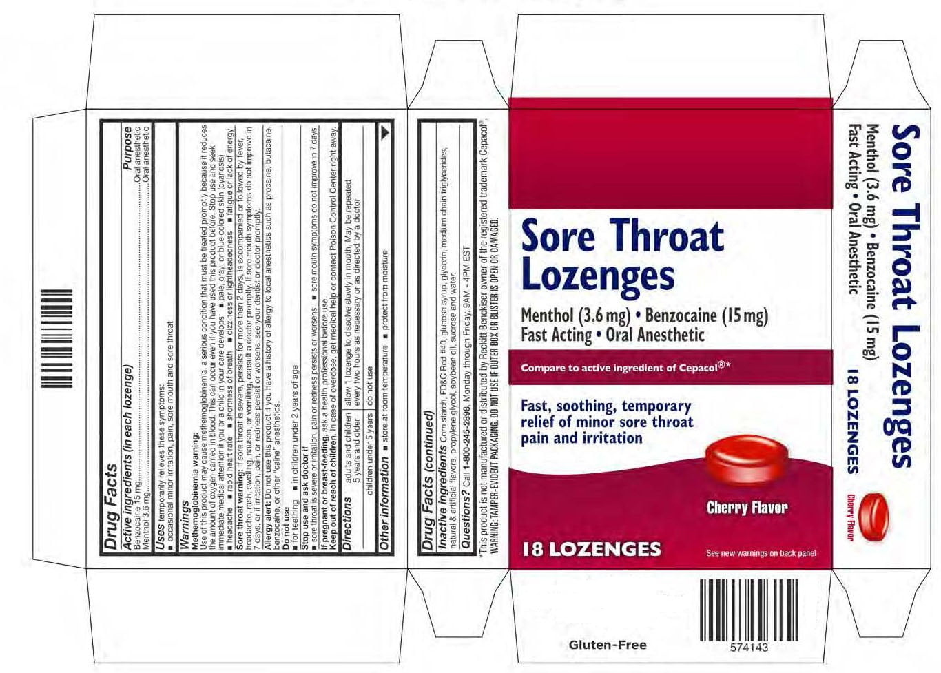 Cherry Lozenges, Benzocaine Plus Menthol, to Cepacol] (Box of 18)