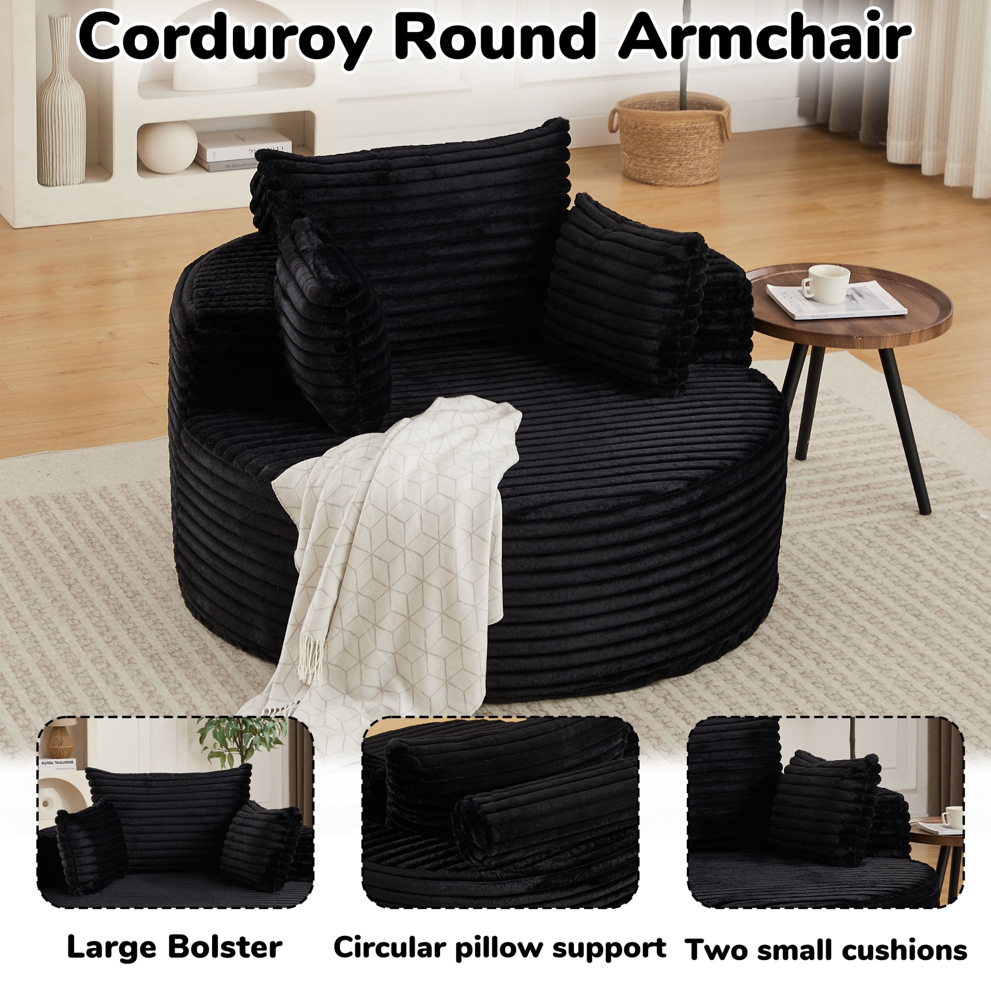 Leumius Oversized Round Chair Lounge Chaise Indoor,50" Upholstered Corduroy Deep Seat Single Cloud Sofa Chair, Fluffy Modern Large Circle Boneless Sleeper Sofa for Living Room, Bedroom,Black