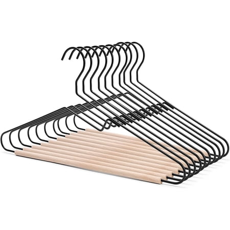 Premium Black Matt Metal Suit Clothes Hanger 10 Pack with a Smooth Beech Wood Pants Bar,Unique Coat Hanger Dress Hanger Shirt Hanger