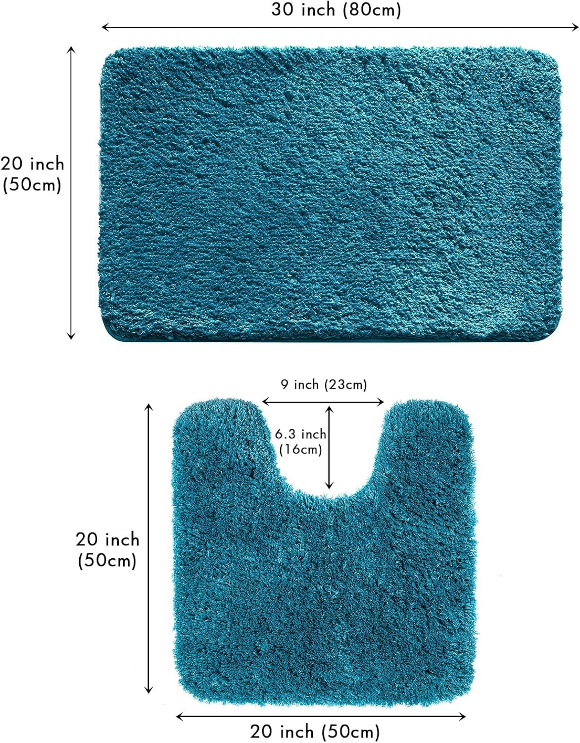 Set of 2 Bathroom mats and Toilet Rugs, 16''x24''+16''x24''+20''x20''(U-Shaped), Non Slip Soft Rugs for Bath Tub Shower, Teal