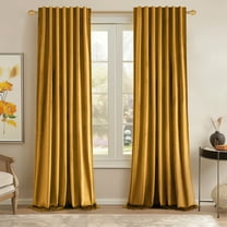 Topfinel Mustard Yellow Velvet Blackout 84 Inches Long Curtains , 100% Blackout Drape Gold with Hooks, Soundproof Art Deco Back Tab Drapes for Living Room Bedroom,Set of 2