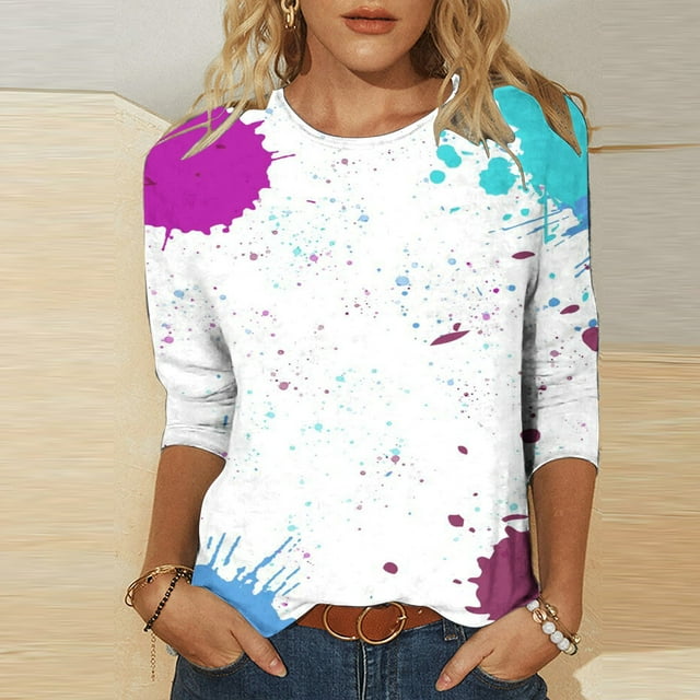 Hauts à Manches 3/4 pour Femmes, T-shirt Imprimé Mode, Blouse à Manches 3/4, Col Rond, Hauts Décontractés, T-Shirts à Manches Longues pour Femmes en Liquidation