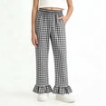 thumbnail image 5 of dazeni Girls Gingham Pants Kids Casual Elastic High Waist Plaid Trousers Soft Ruffle Hem Wide Leg Pants with Pockets Black 11-12 Years, 5 of 7