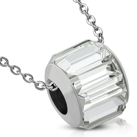- Stainless Steel Bead Barrel Baguette Crystals Charm Link Chain Necklace Pendant